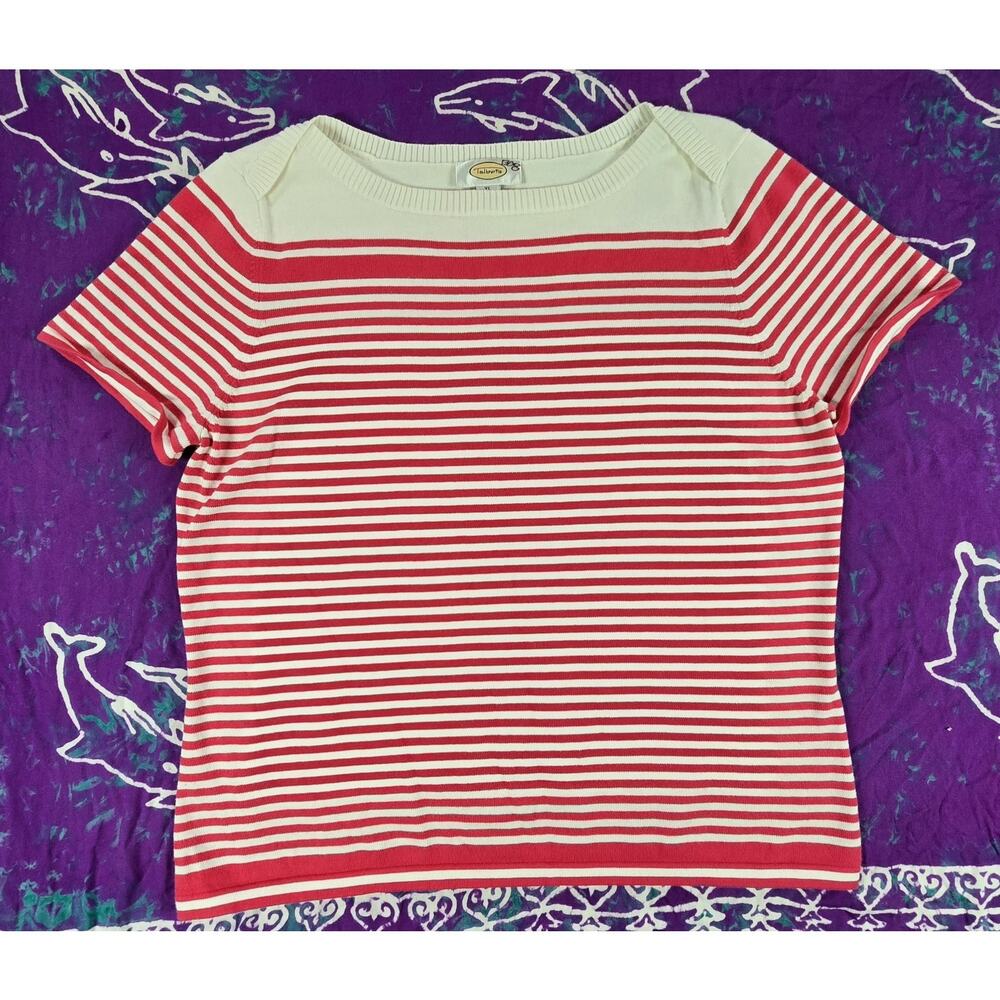 Vintage Talbots Sweater Short Sleeve Breton Stripe Nautical Pink and White XL*